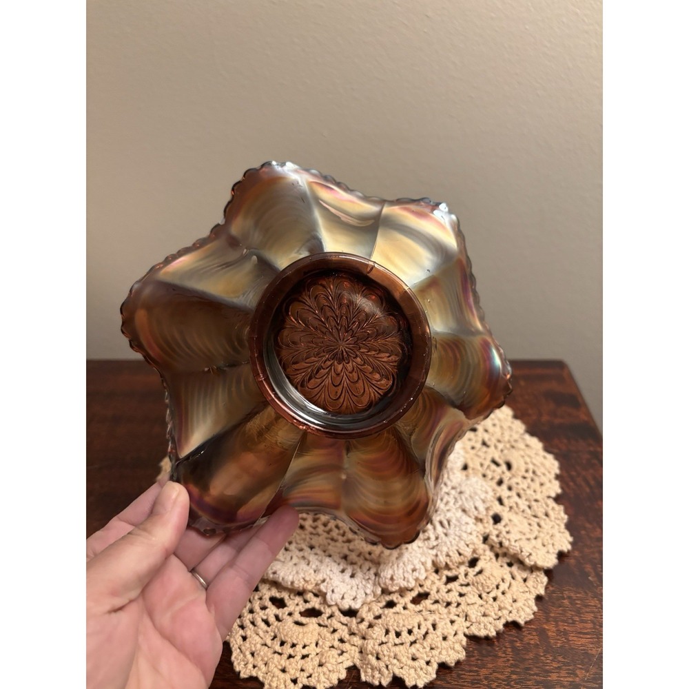 Vintage Fenton Marigold Carnival Glass Ruffled Bowl Peacock Tail Iridescent - Picture 7 of 11